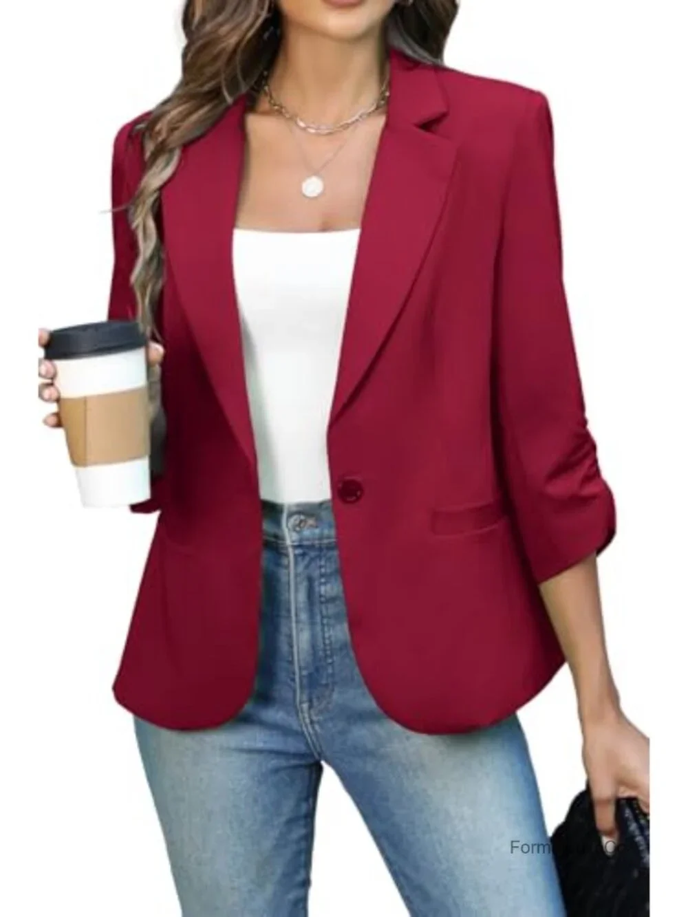 Women's Ruched 3/4 Sleeve Blazers, Lightweight Slim Fit Jacket with Padded